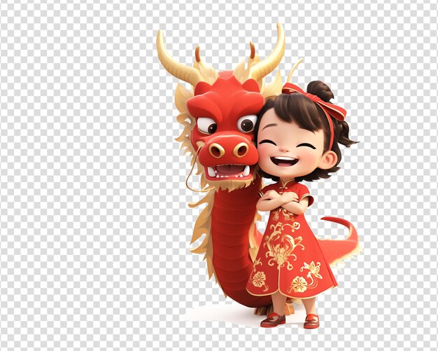 Una linda chica china de dibujos animados con un cheongsam y un dragón