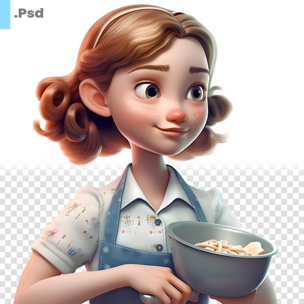 PSD linda chica de dibujos animados con tazón de cereal aislado sobre fondo blanco plantilla psd