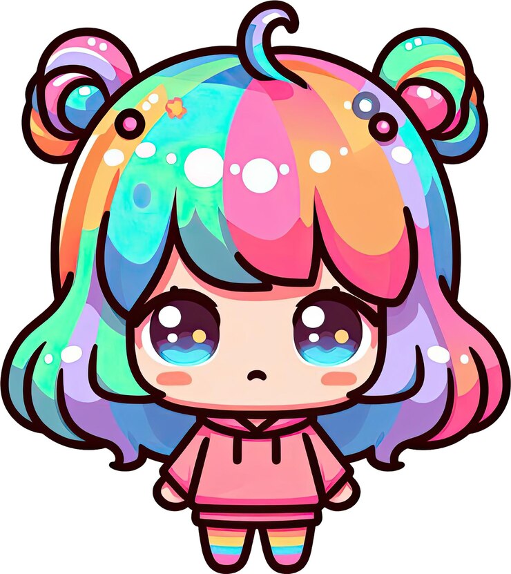 PSD la linda chica kawaii con el cabello arco iris con capucha rosa