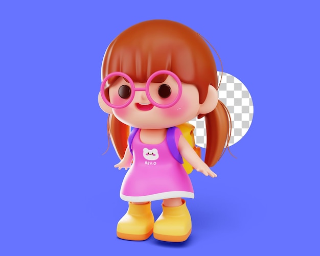 Linda chica o niño caminando personaje de ilustración 3d de dibujos animados