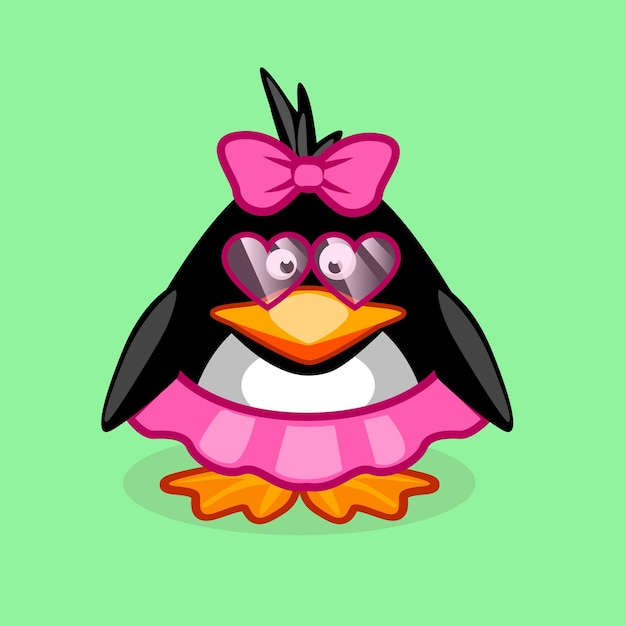 Una linda chica pingüino de dibujos animados con cabello rosa, gafas de arco y falda.