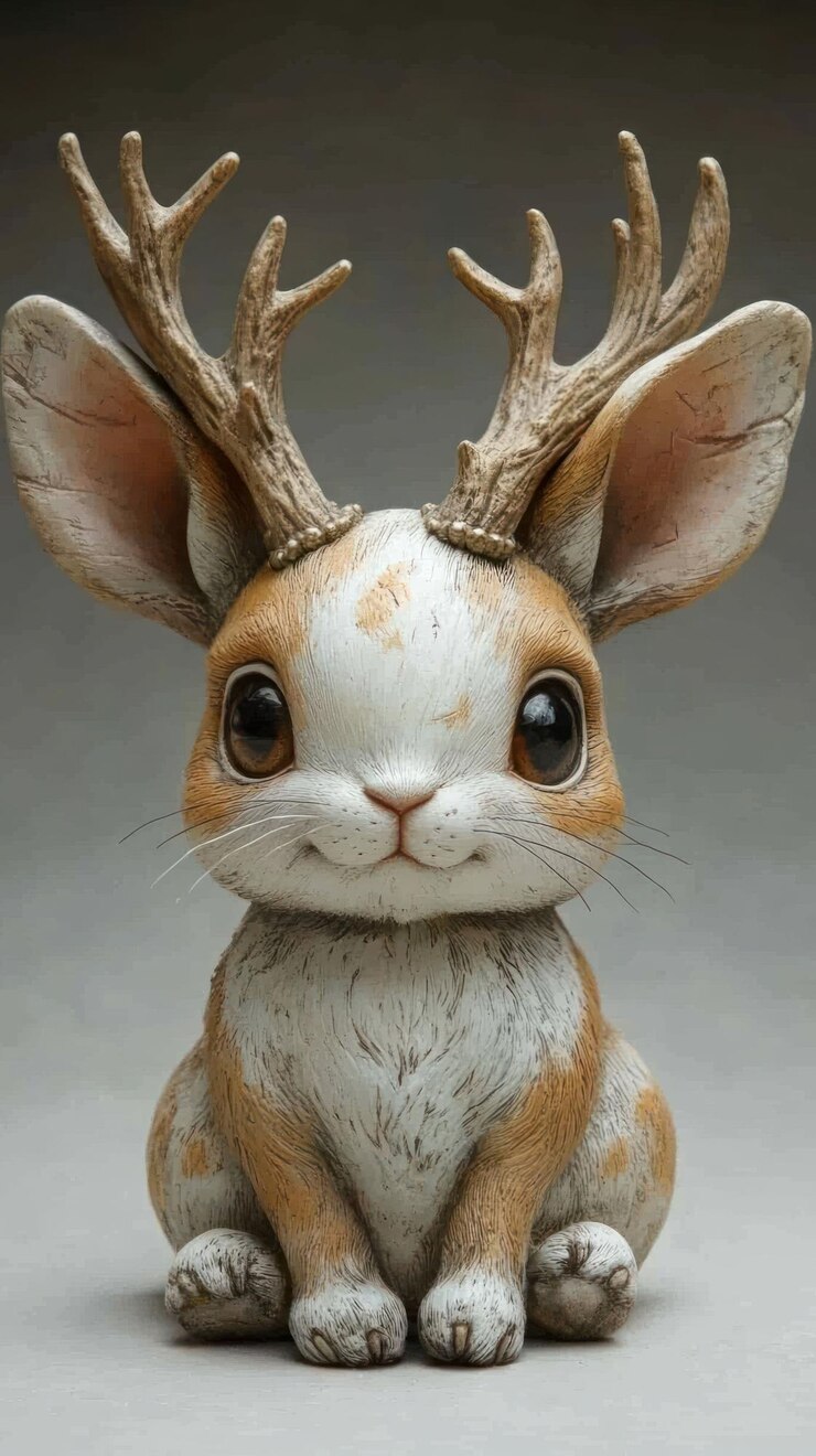 PSD una linda estatuilla de conejo marrón y blanco con cuernos