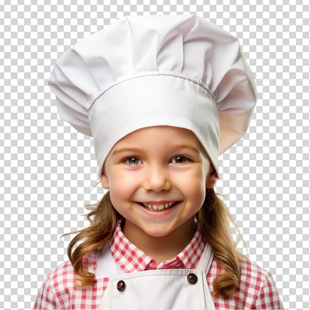 Una linda y feliz niña sonriente se viste como una chef aislada en un fondo transparente