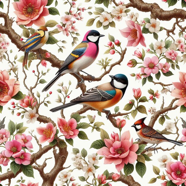 Linda flor con pájaro sobre fondo colorido de patrones sin fisuras