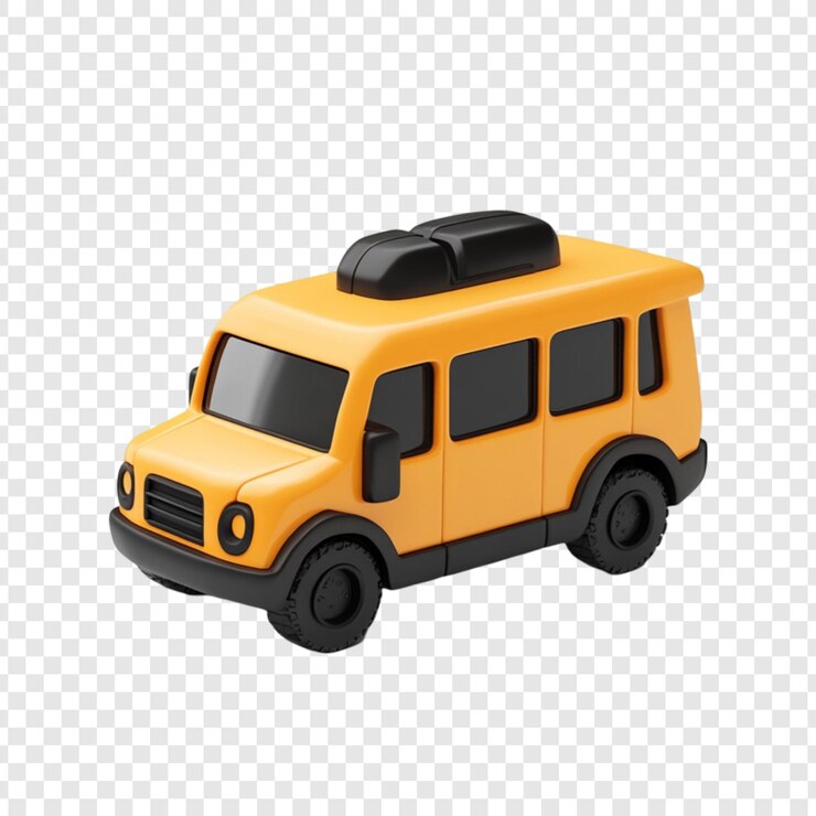 PSD la linda furgoneta de juguetes amarilla 3d render fun travel adventure vehículo de dibujos animados transporte