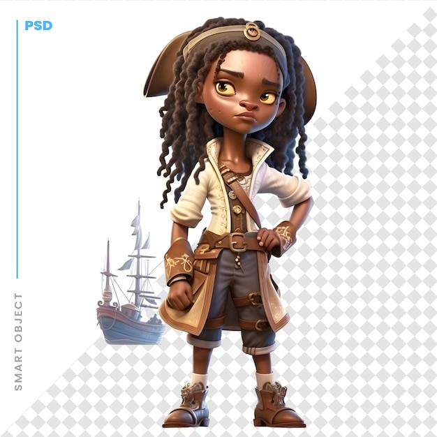 PSD linda garota afro-americana com um navio pirata ao fundo