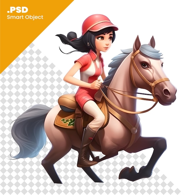 PSD linda garota andando a cavalo em um fundo branco. modelo psd de ilustração vetorial