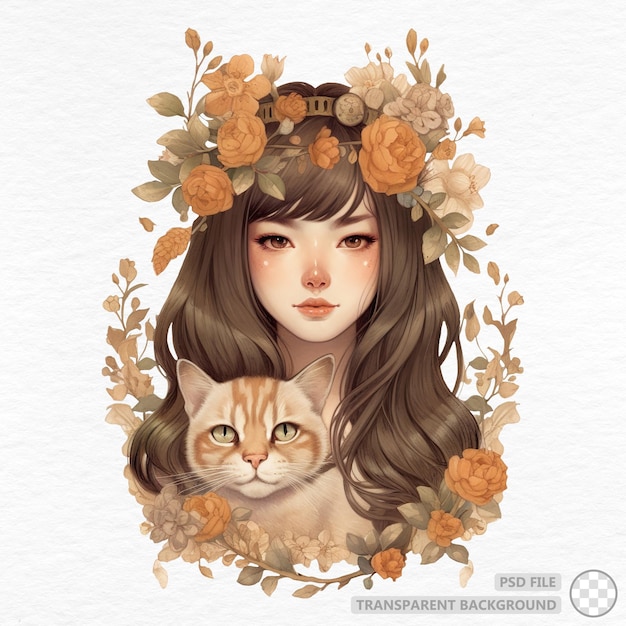 Linda garota com flores e gato fofo