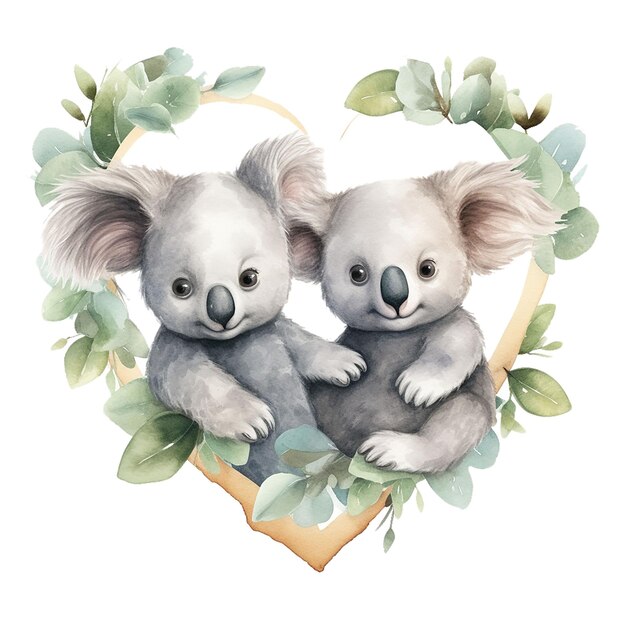 Linda ilustración en acuarela de koalas con forma de corazón png