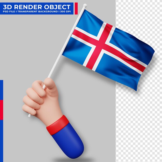 PSD linda ilustración de la mano que sostiene la bandera de islandia. día de la independencia de islandia. bandera del país.