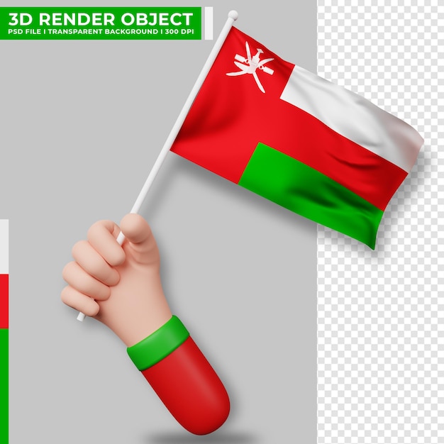 PSD linda ilustración de la mano que sostiene la bandera de omán. día de la independencia de omán. bandera del país.
