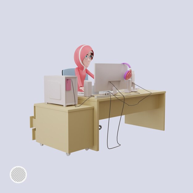 Linda joven empresaria que trabaja con una computadora portátil ve el informe de análisis de mercado ilustración 3d de dibujos animados