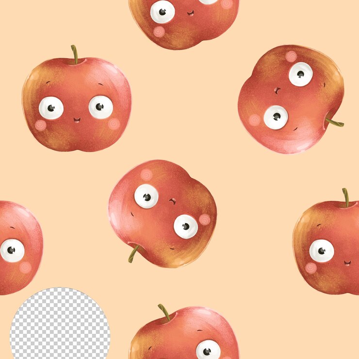 PSD linda manzana roja con ojos sobre fondo naranja