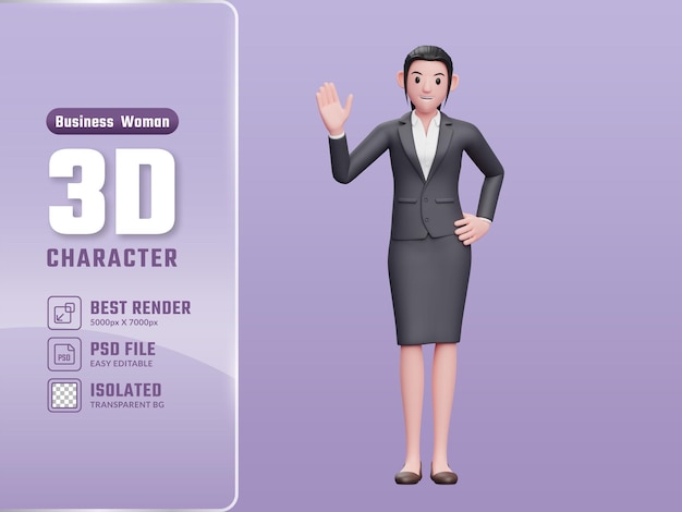 Linda mujer con traje de negocios diciendo hola ilustración de personaje de mujer de negocios 3d