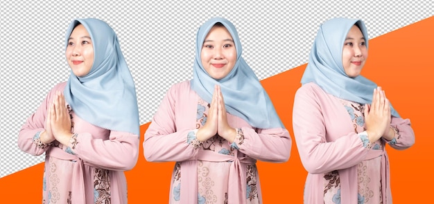 Linda mulher asiática hijab posando saudação em poses diferentes, fundo transparente