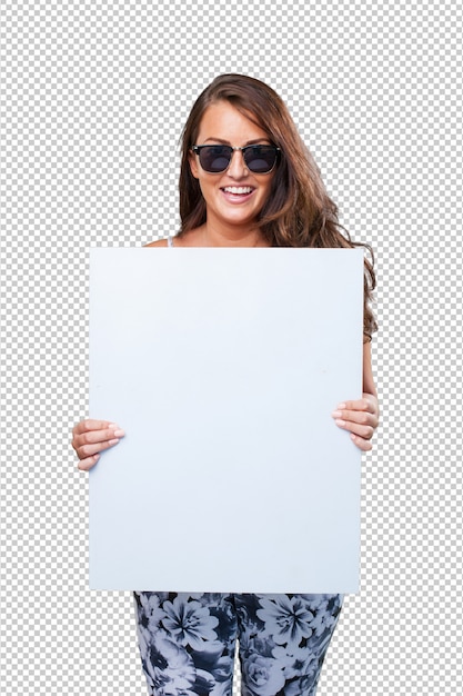 Linda mulher segurando um cartaz em branco