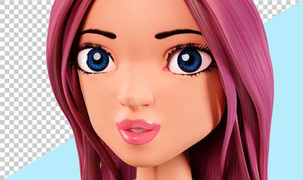 Linda mulher sorridente 3d. mulher dos desenhos animados com olhos realistas. conceito de beleza, salão de spa, maquiagem.