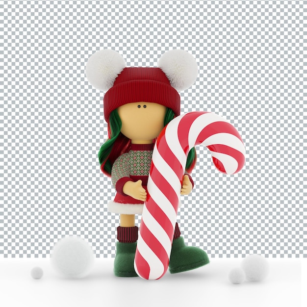 Linda muñeca de trapo en un suéter de Navidad tejido sosteniendo un bastón de caramelo a rayas
