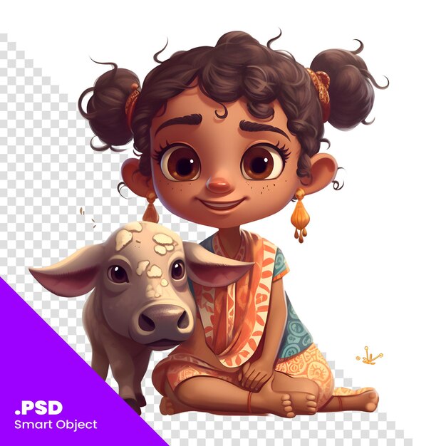 PSD linda niña afroamericana sentada en el suelo con una plantilla de psd de ilustración vectorial de búfalo