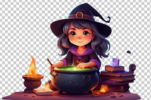 Linda niña bruja de dibujos animados con magia