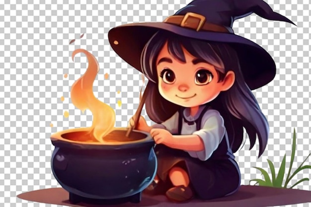 Linda niña bruja de dibujos animados con magia