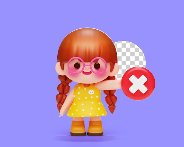 PSD linda niña niño mantenga el botón de signo incorrecto personaje de dibujos animados 3d