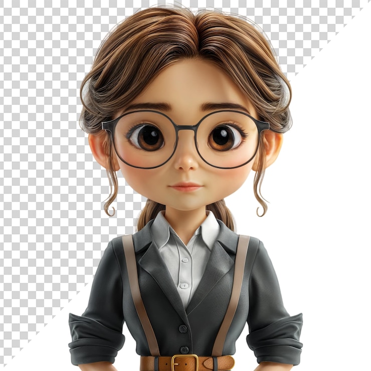 PSD una linda representación estilizada en 3d de una mujer joven de cabello marrón que usa gafas redondas y un traje de negocios gris oscuro