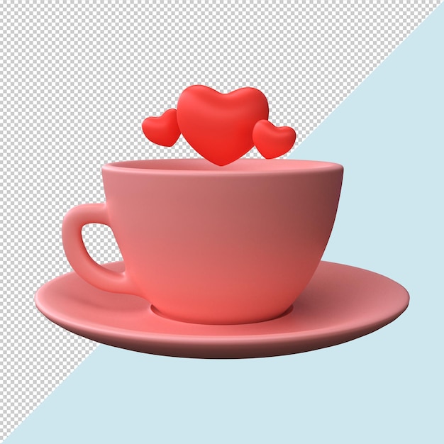 Linda taza de café rosa con renderizado 3D de corazón