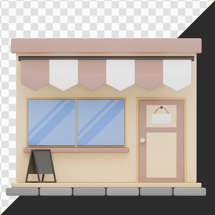 PSD linda tienda de dibujos animados con puerta y ventana de toldo