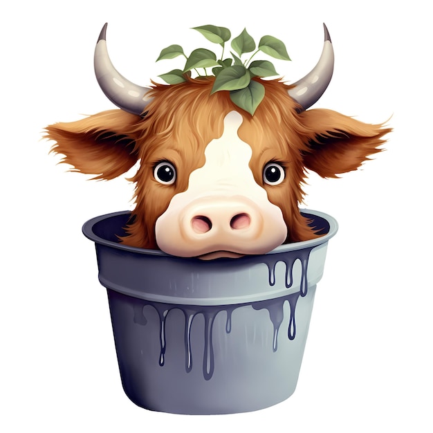 PSD la linda vaca de las tierras altas en el cubo clipart ilustración