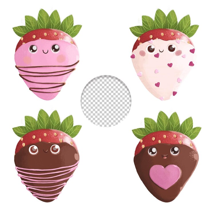 PSD lindas fresas de fondue de chocolate feliz de san valentín en estilo kawaii