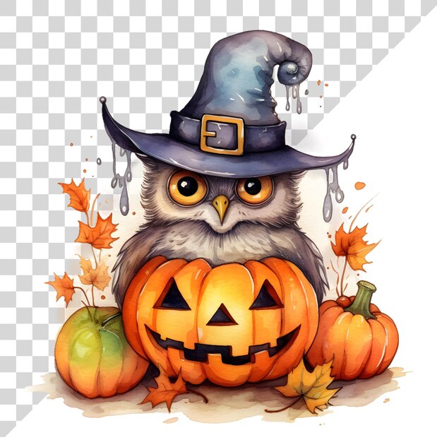 PSD el lindo acuarela de dibujos animados del búho de halloween con una calabaza en un fondo transparente
