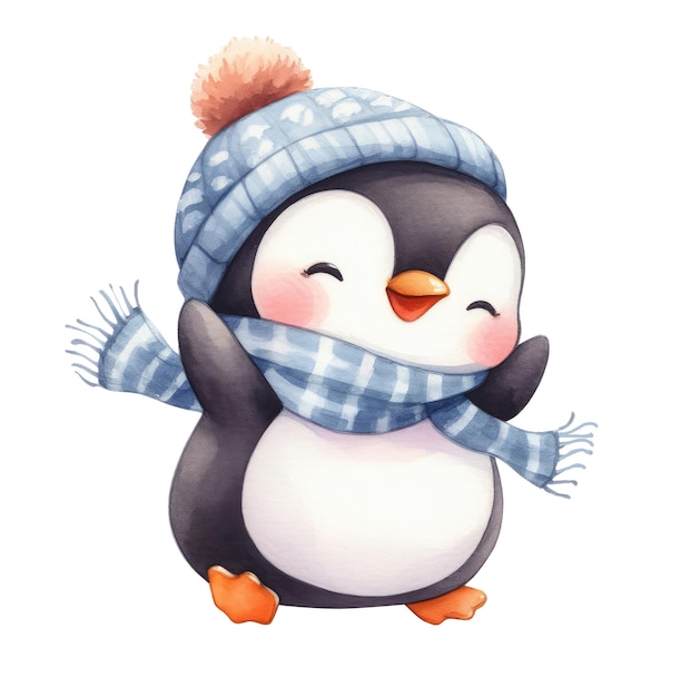 PSD lindo y alegre pingüino bailando con una bufanda ilustración en acuarela