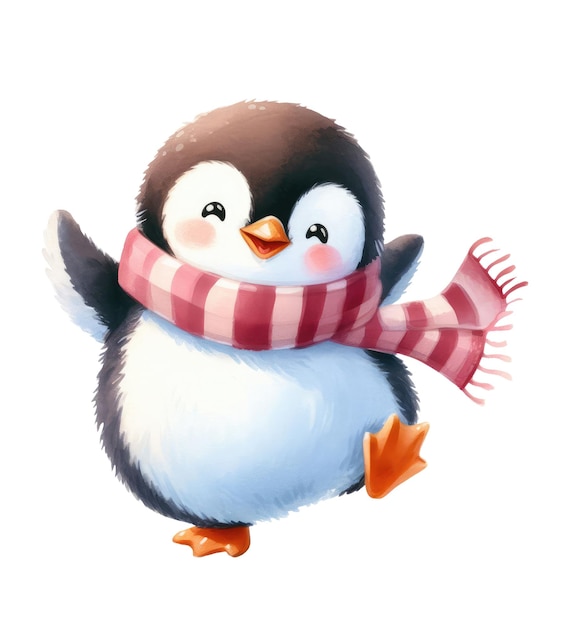 PSD lindo y alegre pingüino bailando con una bufanda roja ilustración en acuarela