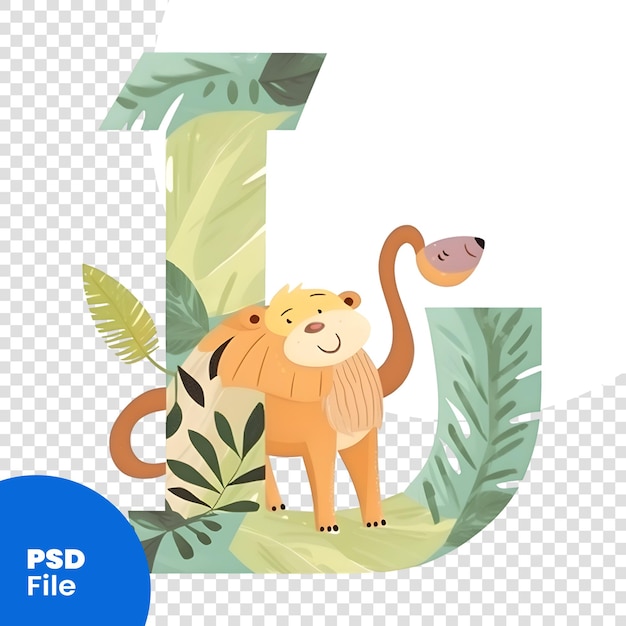 PSD lindo animal letra del alfabeto j con león y hojas tropicales ilustración vectorial plantilla psd