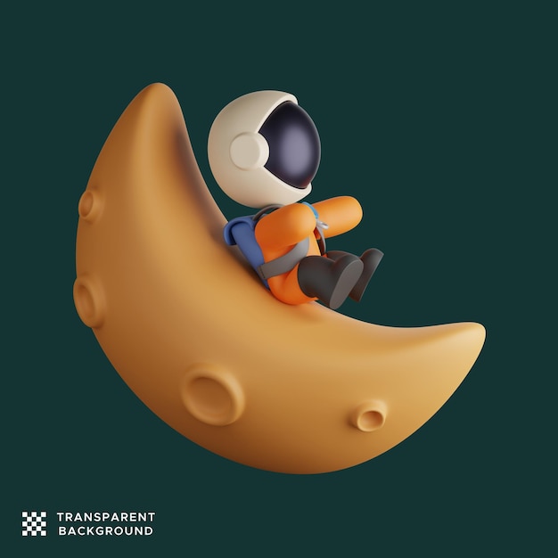 Lindo astronauta jugando al tobogán en una luna creciente. ilustración de procesamiento 3d