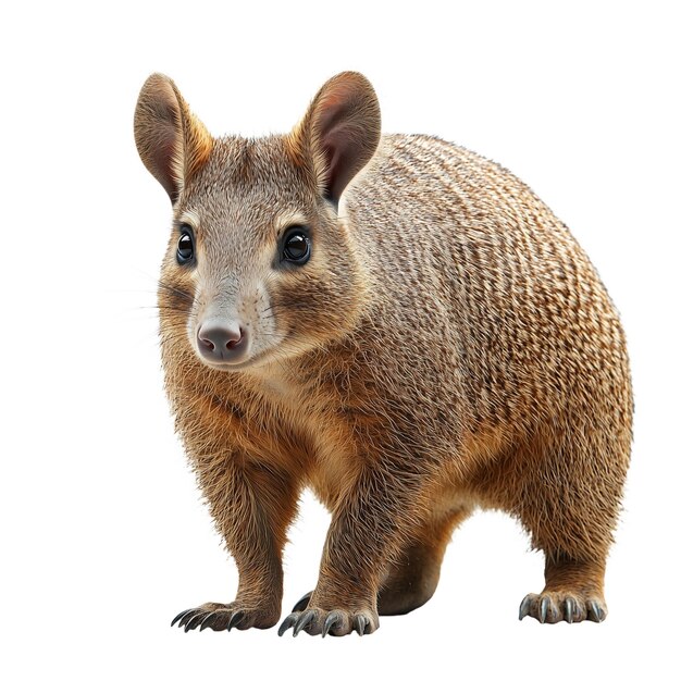Un lindo bandicoot de pie en el suelo mirando hacia la cámara aislado