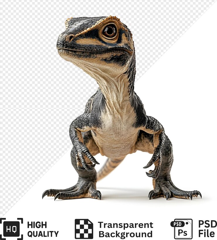PSD el lindo bebé dinosaurio con rayas negras y marrones de pie sobre un fondo blanco aislado