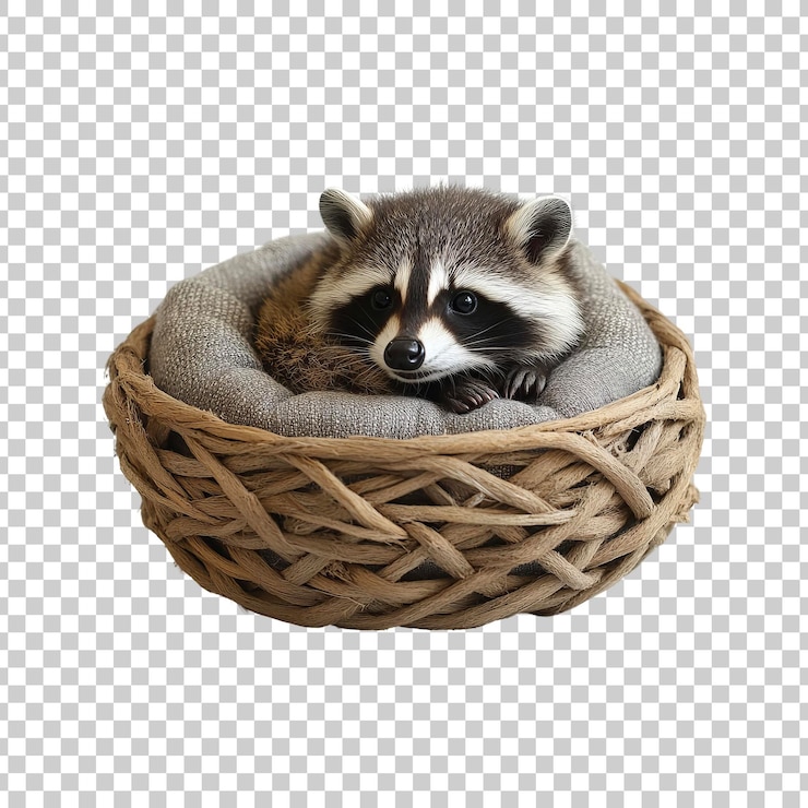 PSD el lindo bebé mapachete descansa en una canasta de mimbre sobre un fondo transparente