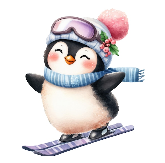 Lindo bebé pingüino de dibujos animados en una patineta animales de navidad de invierno ilustración en acuarela