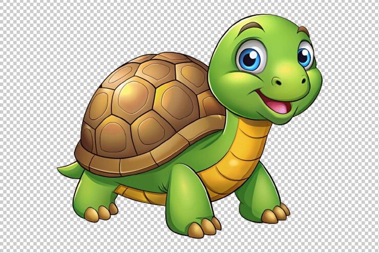 PSD un lindo bebé tortuga con una sonrisa y una lengua abierta en un fondo transparente blanco