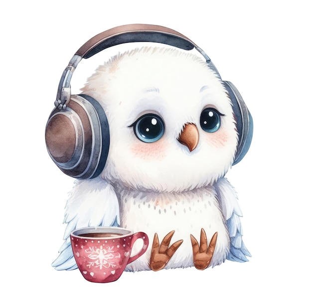 PSD lindo búho polar blanco búho en auriculares con una taza ilustración en acuarela