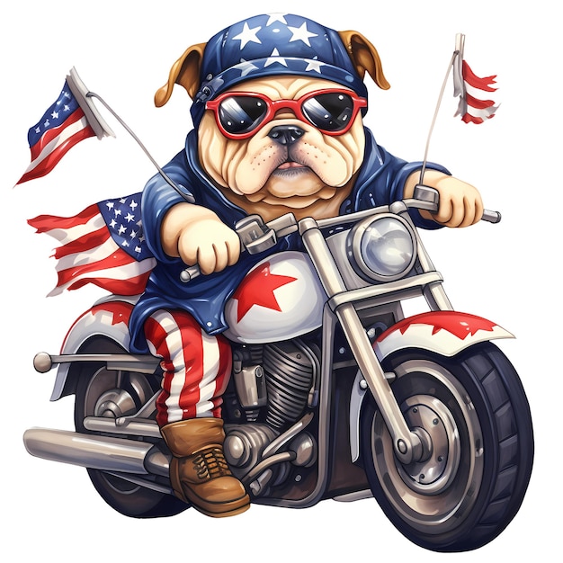 PSD lindo bulldog ilustración de clipart de motocicleta estadounidense