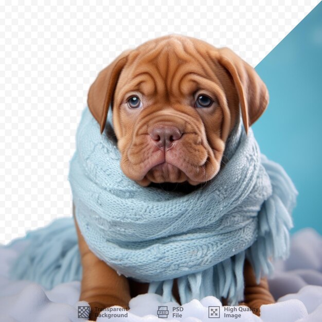 Un lindo cachorro de burdeos con una bufanda azul en la alfombra azul