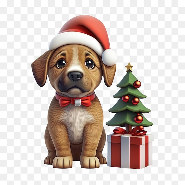 lindo cachorro de natal usando um chapéu de papai noel fica na frente da árvore de natal e presente.