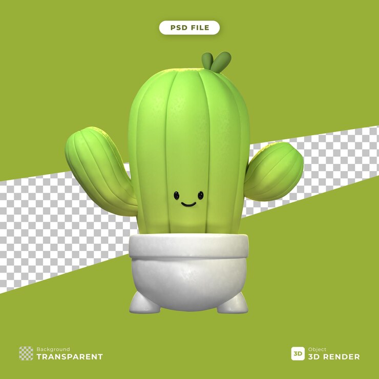 PSD el lindo cactus de dibujos animados en la olla blanca 3d render