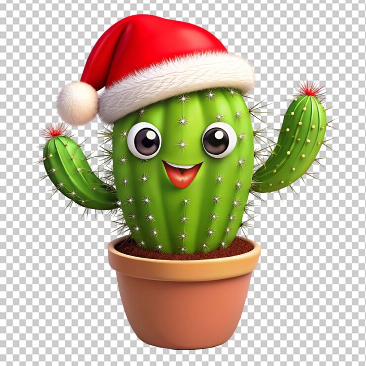 PSD un lindo cactus de dibujos animados con un sombrero de santa en un fondo transparente