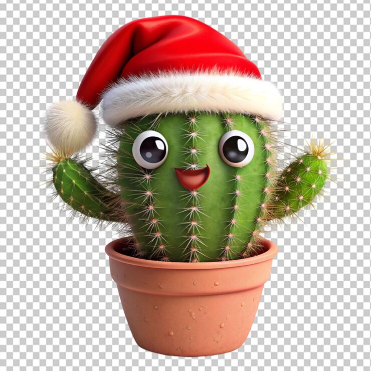 PSD un lindo cactus de dibujos animados con un sombrero de santa en un fondo transparente