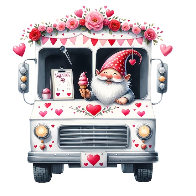 PSD el lindo camión de helados gnome valentine ilustración de clipart de acuarela