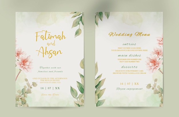 Lindo cartão de convite de casamento com flores de madeira brancas verdes